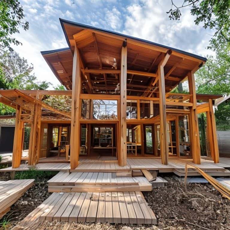 A home addition under construction with wood framing