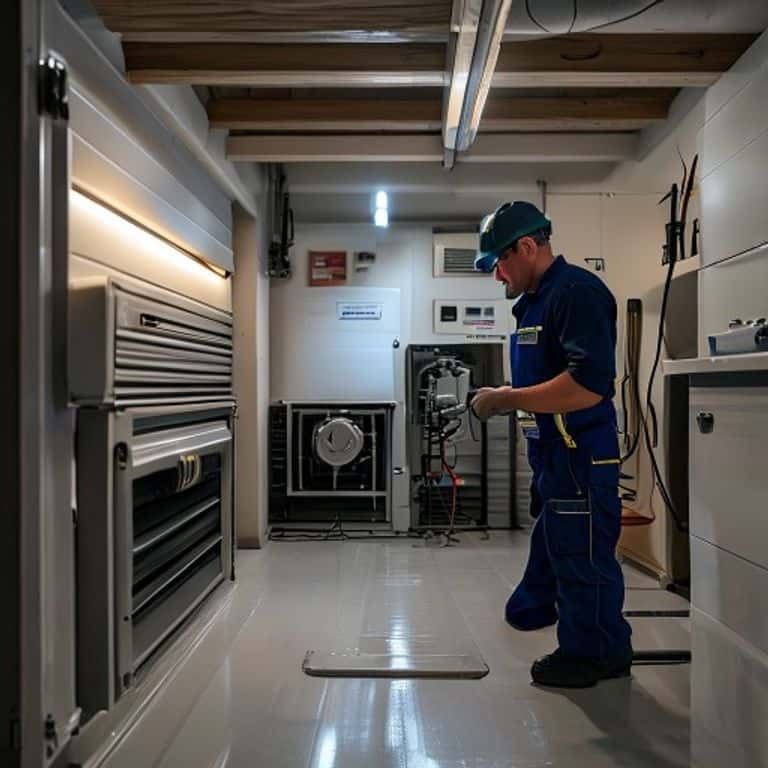 An HVAC technician servicing a rooftop air conditioning unit