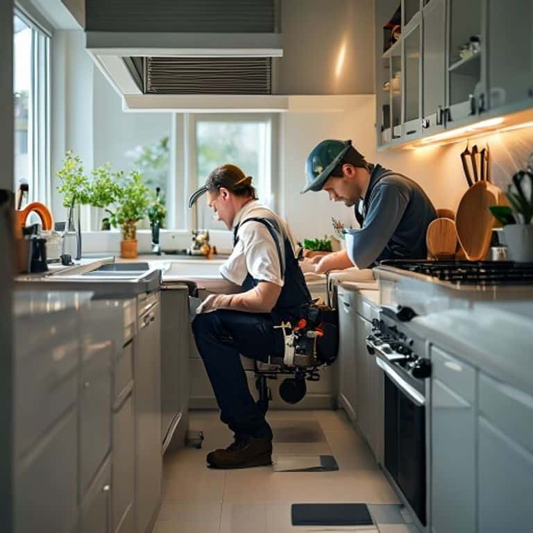 A plumber working under a kitchen sink