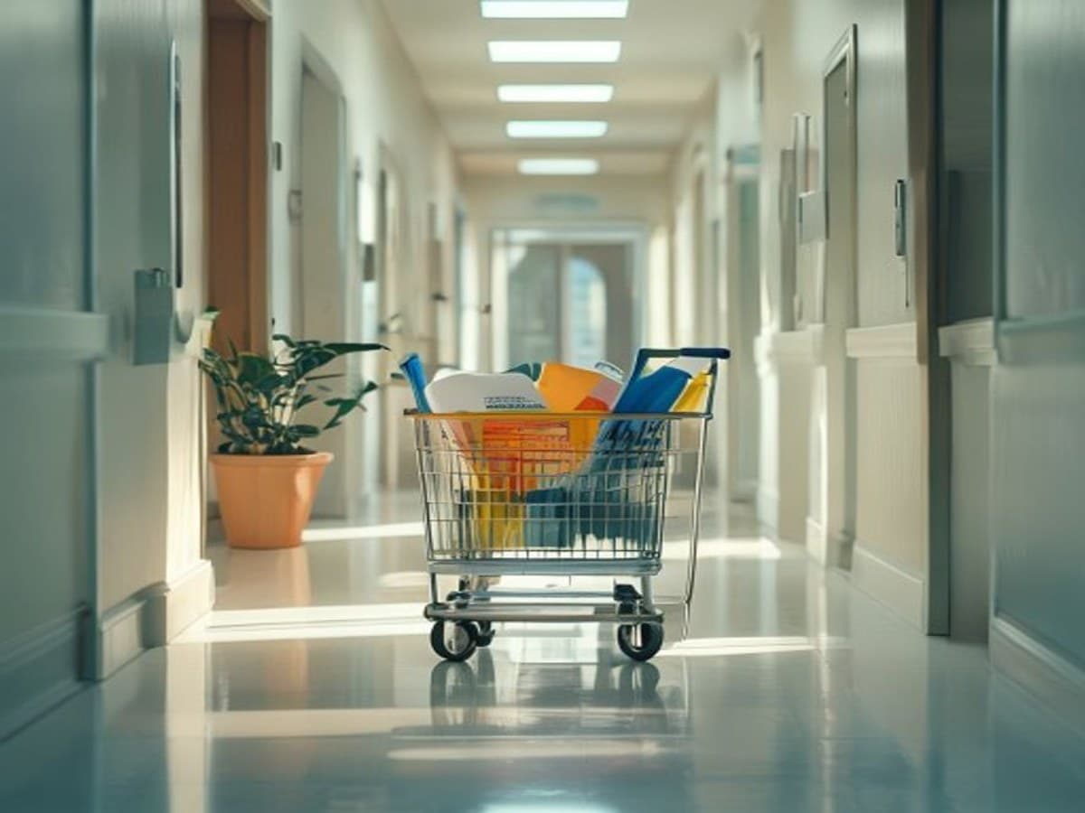 A cleaning cart with organized supplies