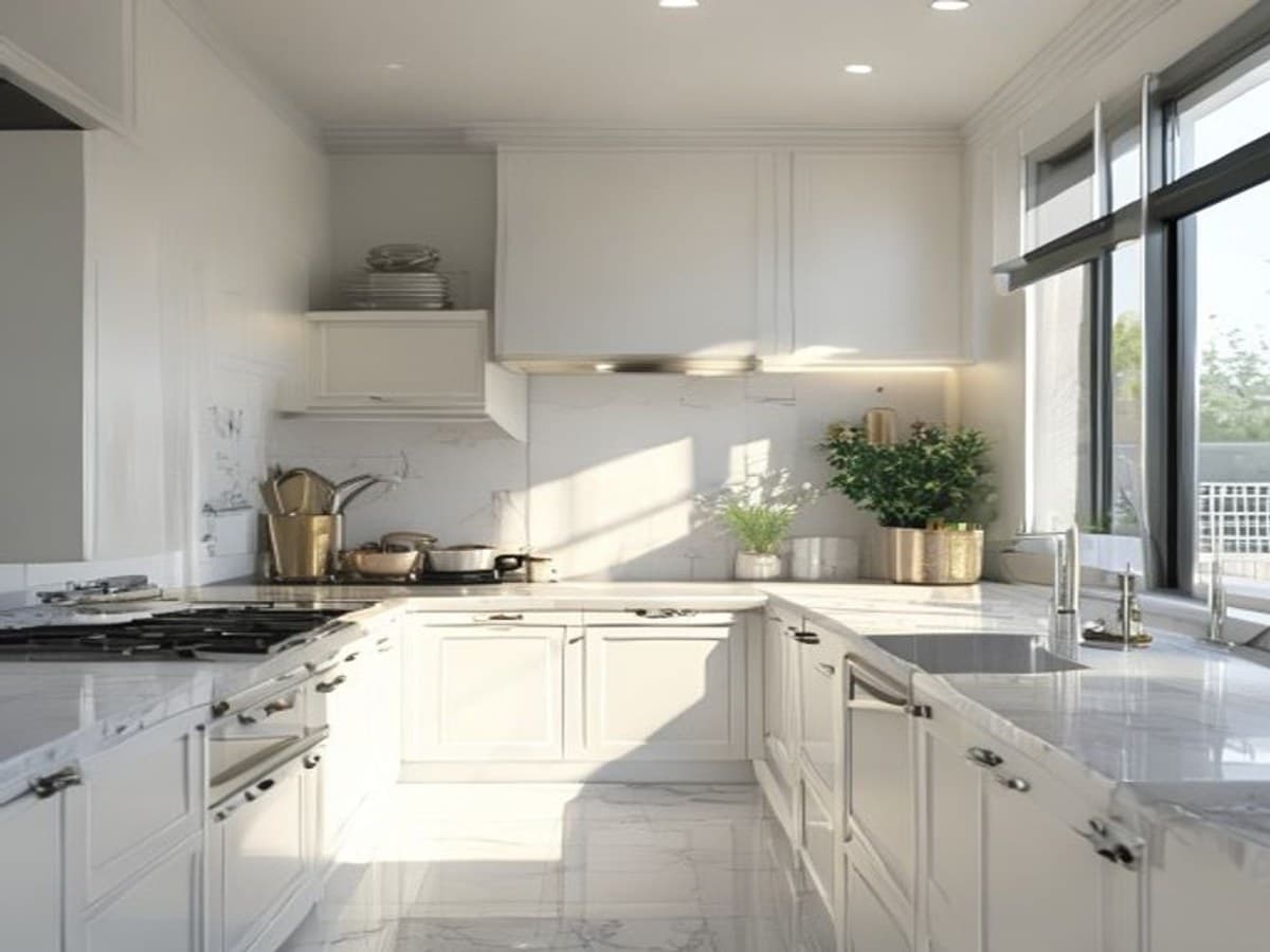 Sparkling clean kitchen with polished countertops, empty sink, and gleaming appliances