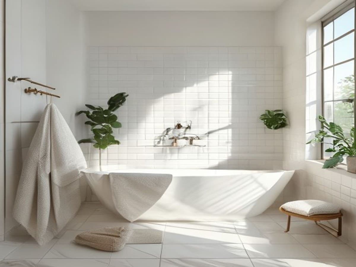 Pristine bathroom with a scrubbed tub, shiny mirror, and neatly folded towels