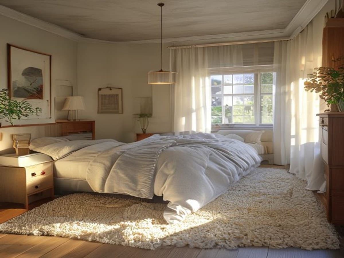 Organized bedroom with made bed, dusted surfaces, and vacuumed carpet