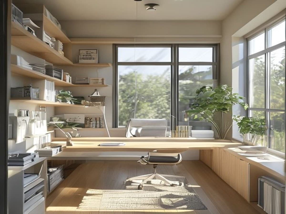 Home office cleaned and organized with sanitized desk and tidy shelves