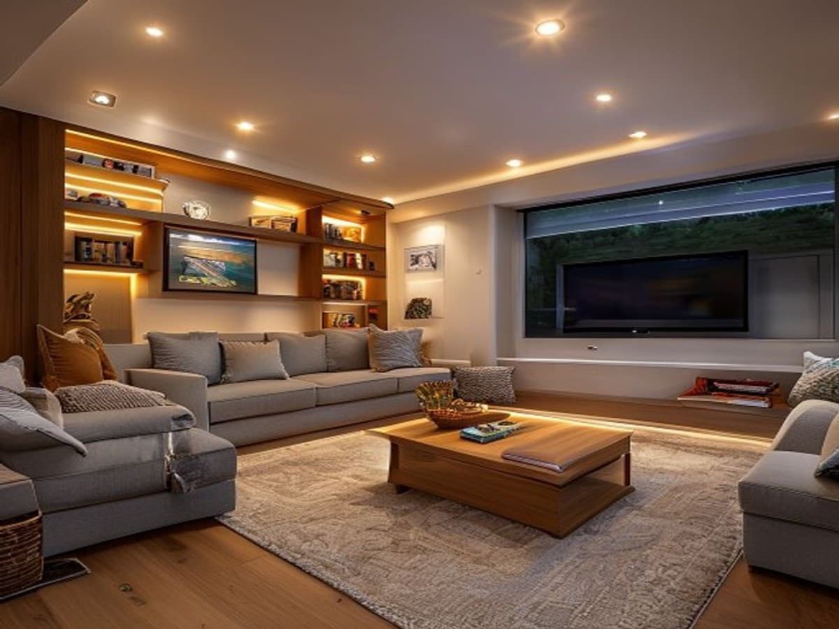Finished basement family room with recessed lighting, built-in shelving, and a wet bar