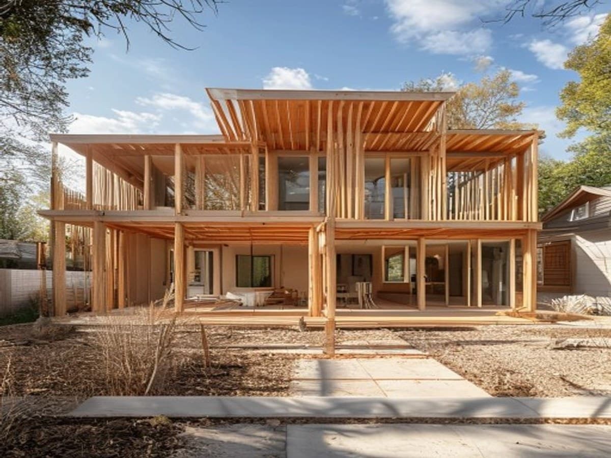 A home addition under construction with wood framing