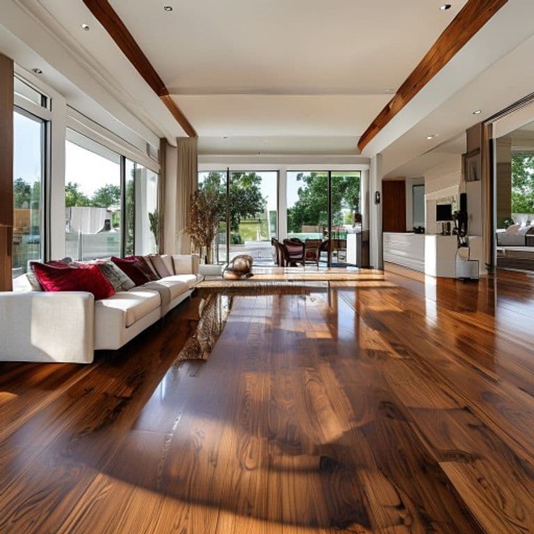 Red oak hardwood flooring in a bright modern living room with large windows