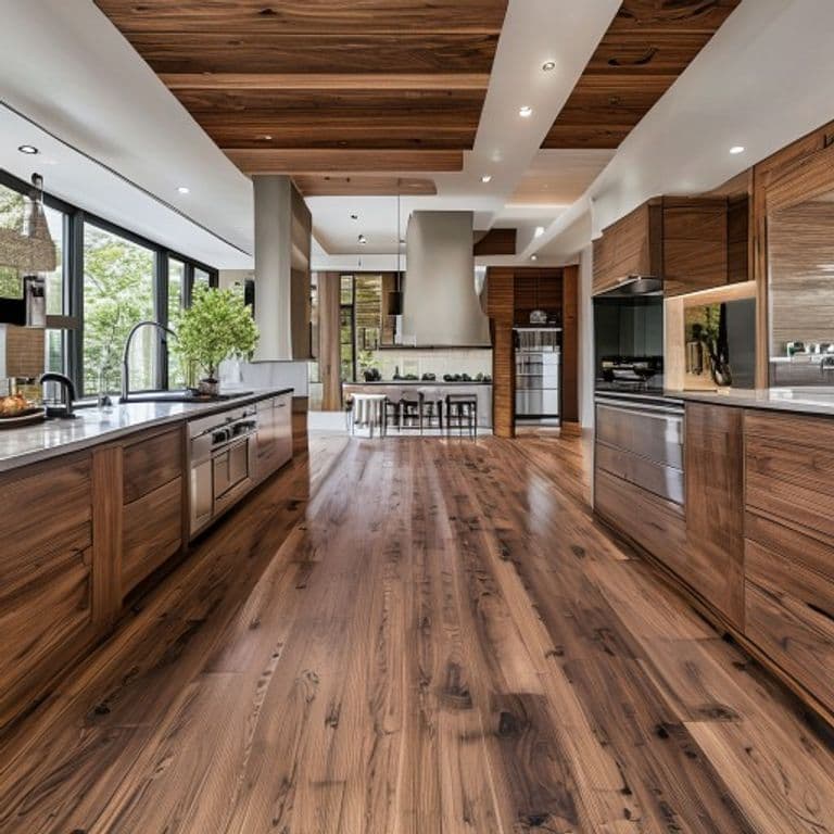 Wide plank walnut hardwood flooring in an open concept kitchen