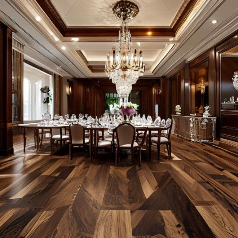 Herringbone pattern hardwood flooring in an elegant formal dining room