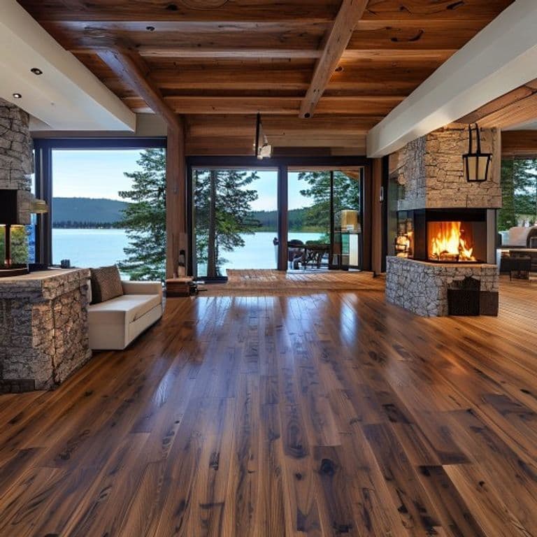 Hickory hardwood flooring in a great room with stone fireplace and vaulted ceilings