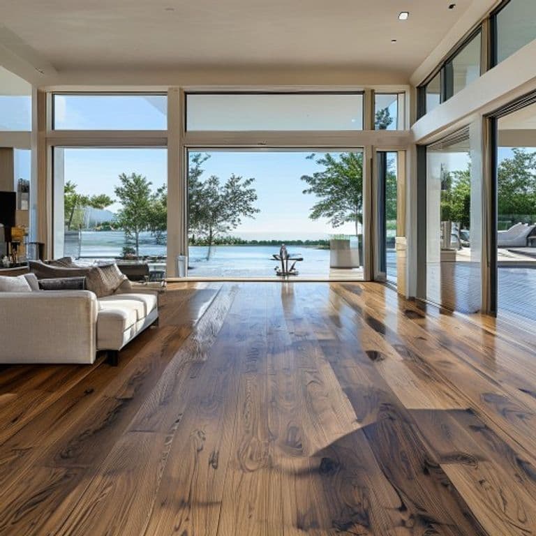 Wide shot of luxury living room with oak hardwood flooring, floor-to-ceiling windows, and water view