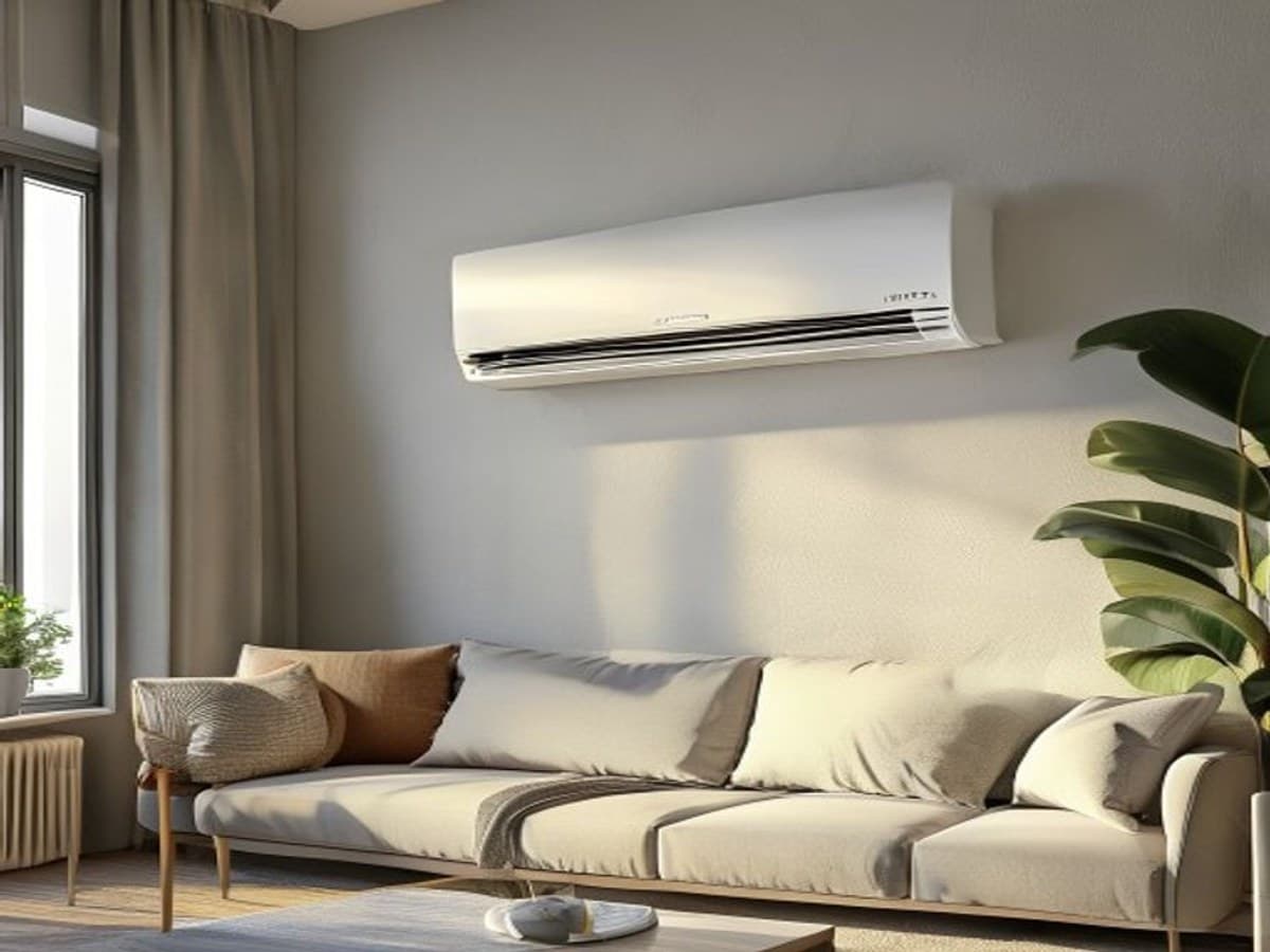 Two-story great room with high ceilings and a newly installed HVAC system