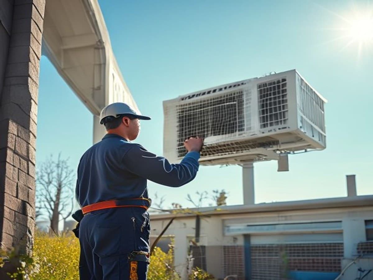 An HVAC technician servicing a rooftop air conditioning unit