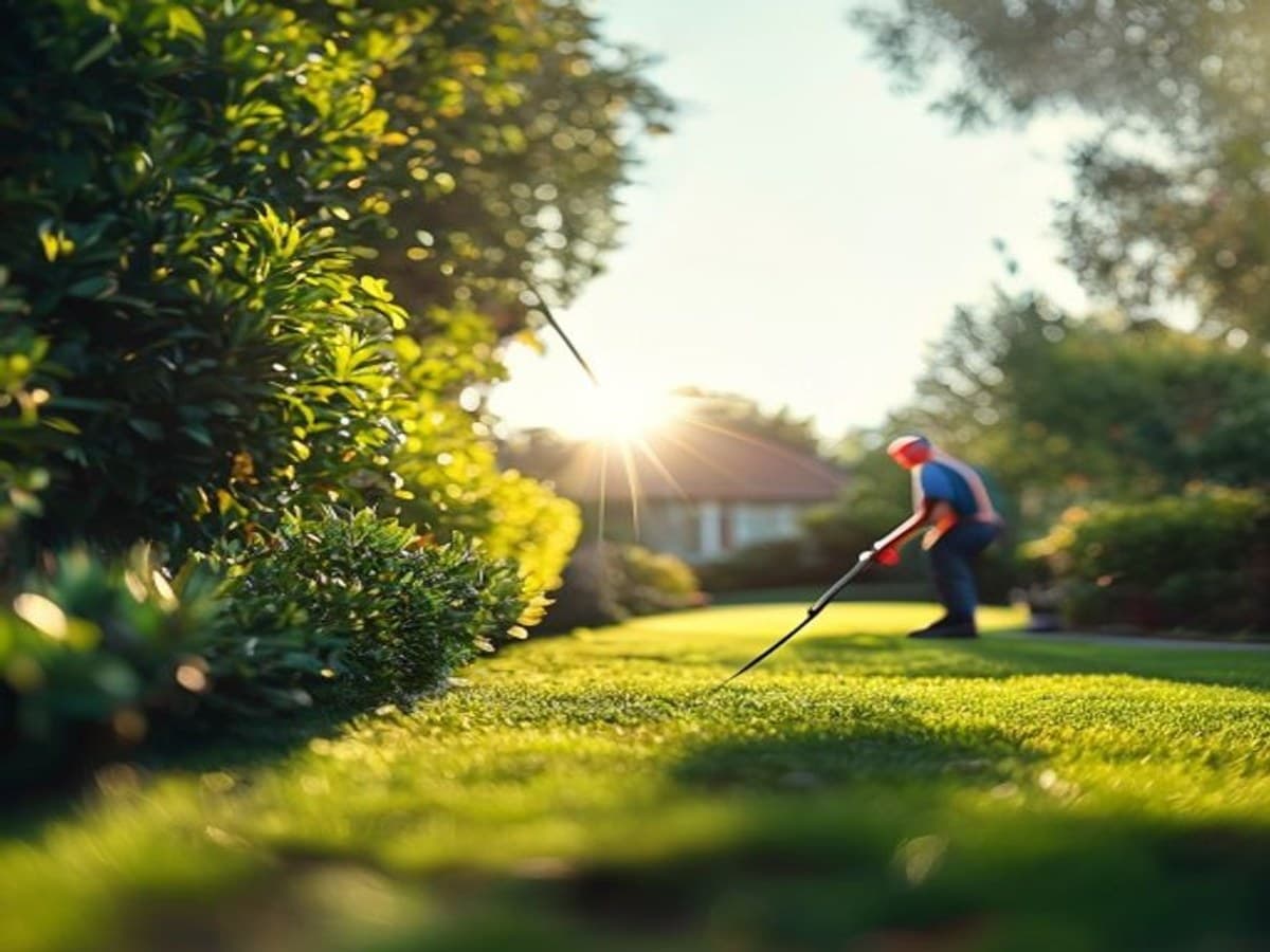 A landscaper trimming a hedge