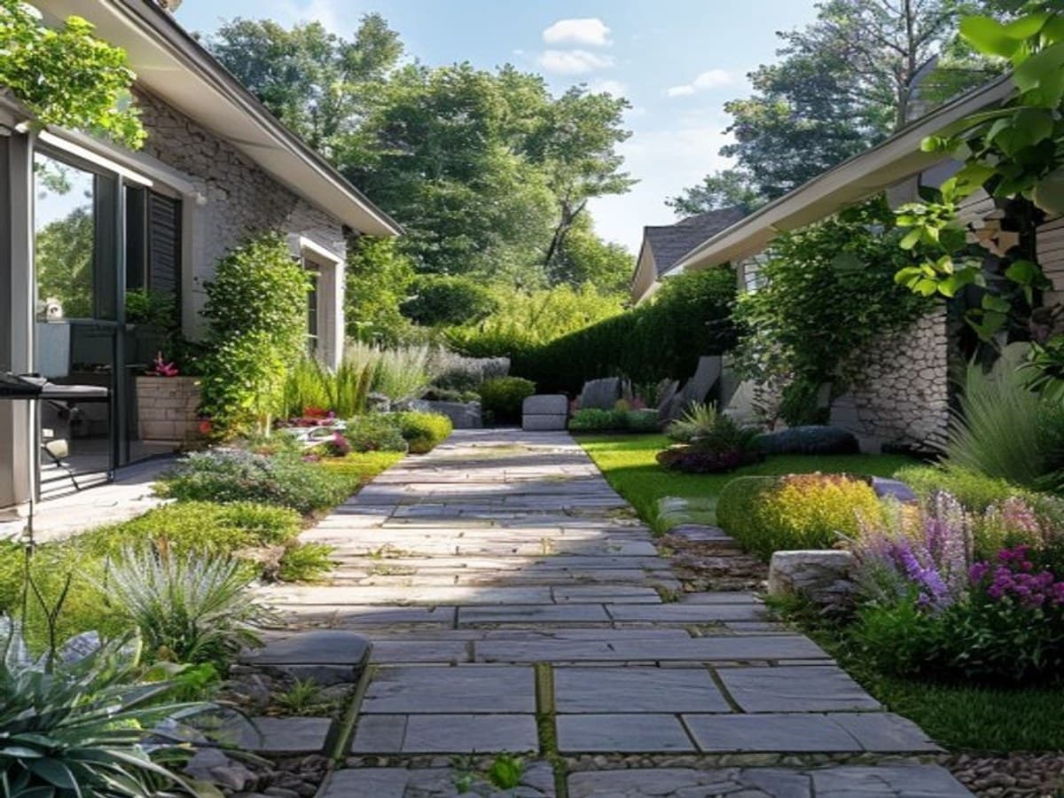A beautifully landscaped suburban backyard with a stone patio