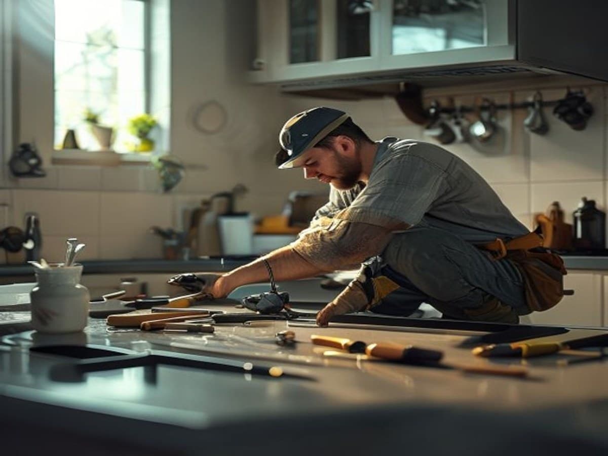 A plumber working under a kitchen sink