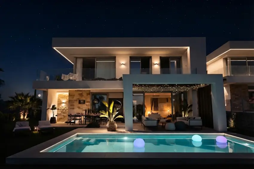 Duskline Lighting hero image, night view with landscape lighting
