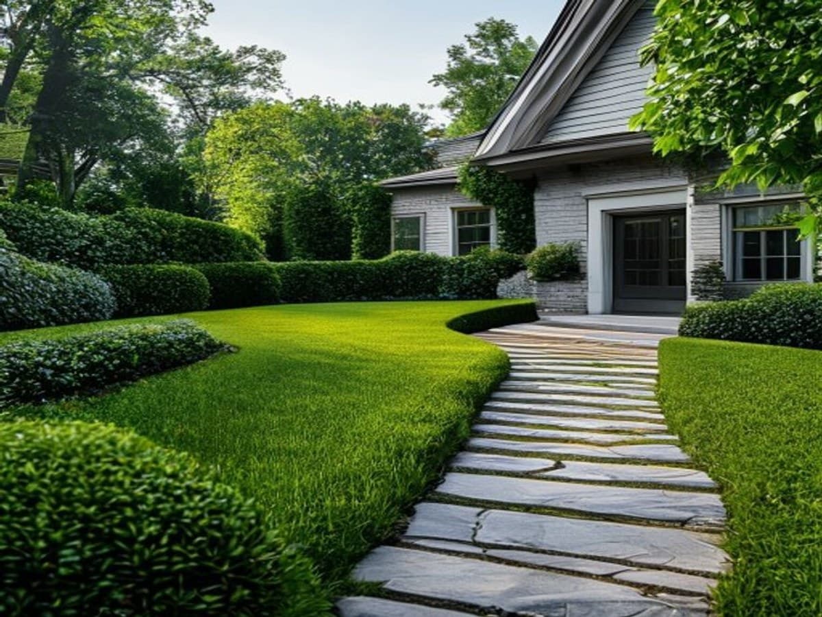 A lush green lawn in midsummer with manicured edges and vibrant garden beds