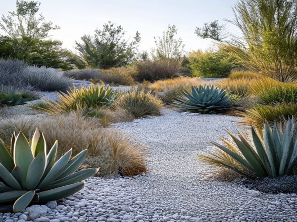 Modern landscape design with clean lines, native grasses, gravel pathways, and drought-tolerant planting beds