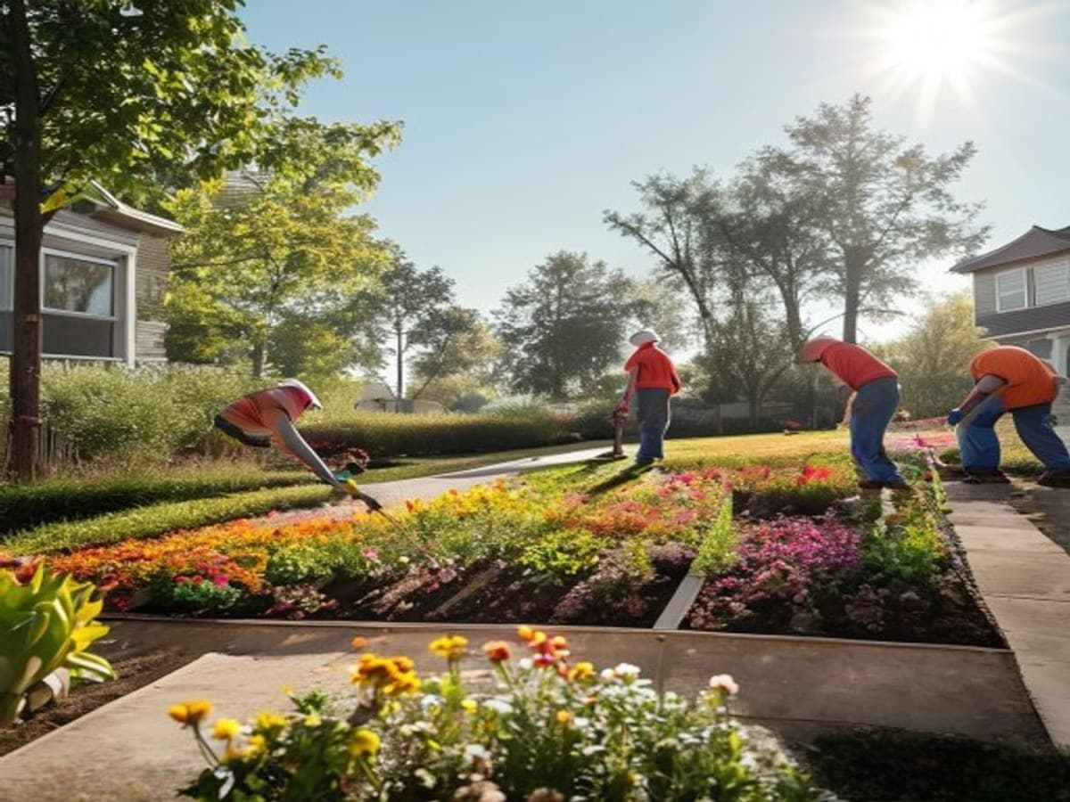A complete yard transformation featuring new sod, fresh mulch, trimmed hedges, and blooming annual color beds