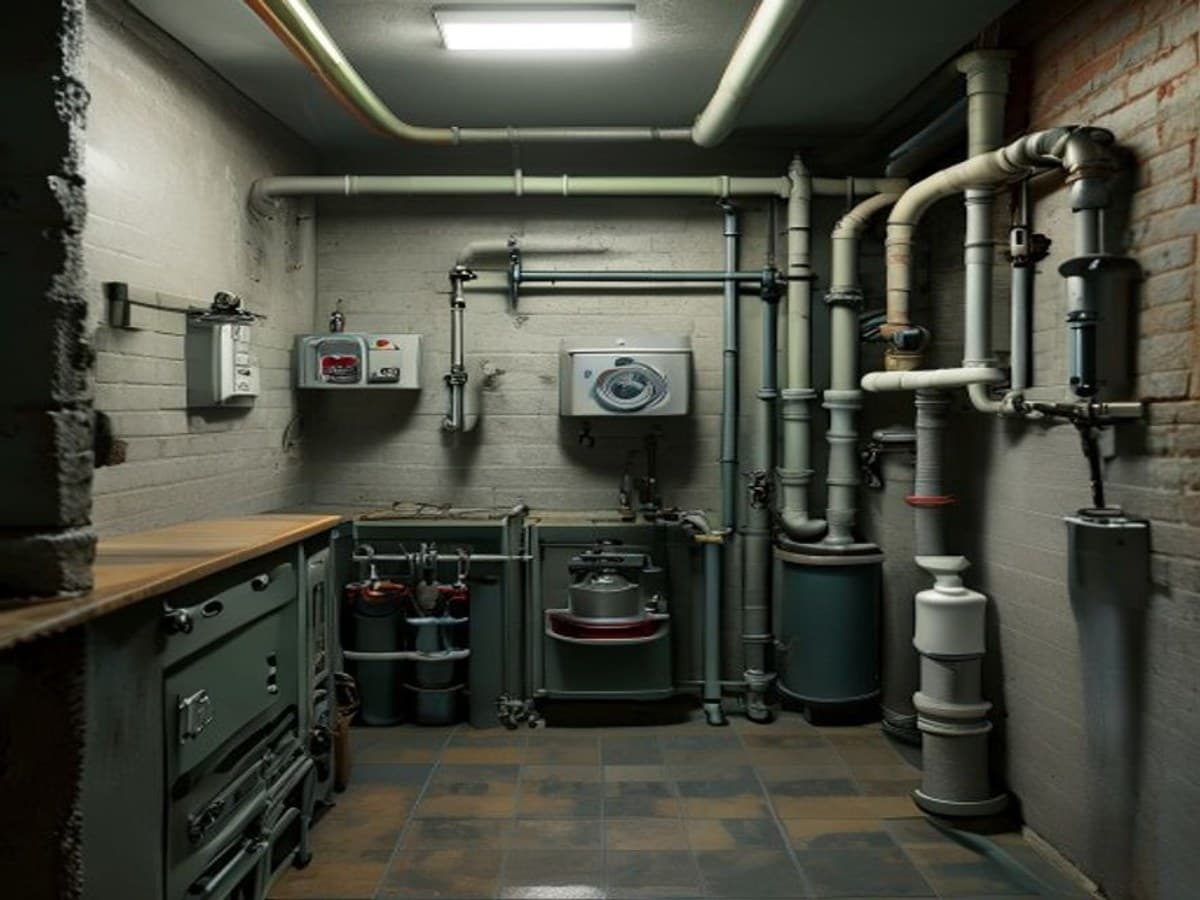 A basement utility room showing new water heater and softener setup